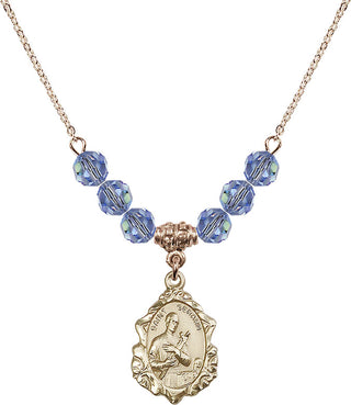 18" Hamilton Gold Plated Necklace with 4mm Light Sapphire Crystal Beads featuring a 14kt Gold Filled Saint Gerard Medal. Engraved Catholic Saint Jewelry