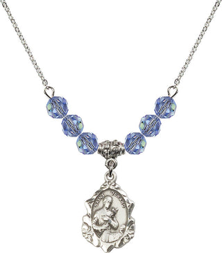 18" Rhodium Plated Necklace with 4mm Light Sapphire Crystal Beads featuring a Sterling Silver Saint Gerard Medal. Engraved Catholic Saint Jewelry