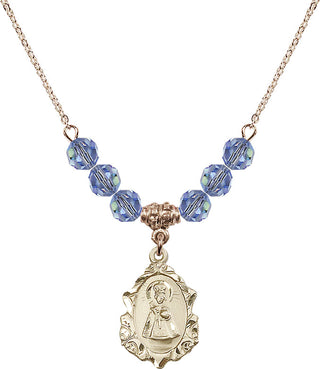 18" Hamilton Gold Plated Necklace with 4mm Light Sapphire Crystal Beads featuring a 14kt Gold Filled Infant of Prague Medal. Engraved Catholic Saint Jewelry