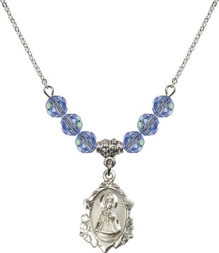18" Rhodium Plated Necklace with 4mm Light Sapphire Crystal Beads featuring a Sterling Silver Infant of Prague Medal. Engraved Catholic Saint Jewelry