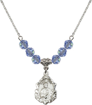 18" Rhodium Plated Necklace with 4mm Light Sapphire Crystal Beads featuring a Sterling Silver Saint Jude Medal. Engraved Catholic Saint Jewelry
