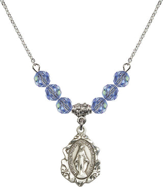 18" Rhodium Plated Necklace with 4mm Light Sapphire Crystal Beads featuring a Sterling Silver Miraculous Medal. Engraved Catholic Saint Jewelry