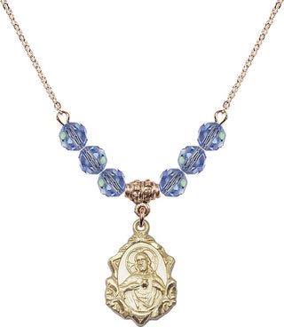 18" Hamilton Gold Plated Necklace with 4mm Light Sapphire Crystal Beads featuring a 14kt Gold Filled Scapular Medal.