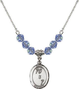 18" Rhodium Plated Necklace with 4mm Light Sapphire Crystal Beads featuring a Sterling Silver First Penance Medal.