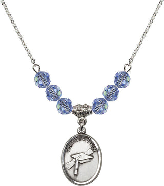 18" Rhodium Plated Necklace with 4mm Light Sapphire Crystal Beads featuring a Sterling Silver Graduation Medal.