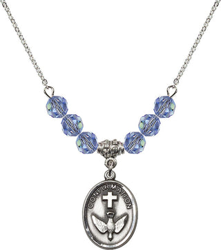 18" Rhodium Plated Necklace with 4mm Light Sapphire Crystal Beads featuring a Sterling Silver Confirmation Medal.