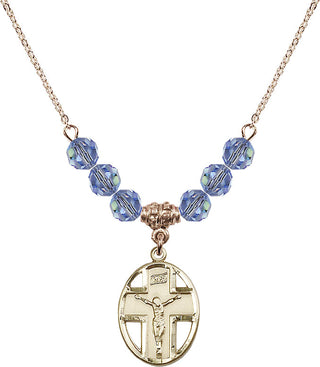 18" Hamilton Gold Plated Necklace with 4mm Light Sapphire Crystal Beads featuring a 14kt Gold Filled Crucifix Medal.