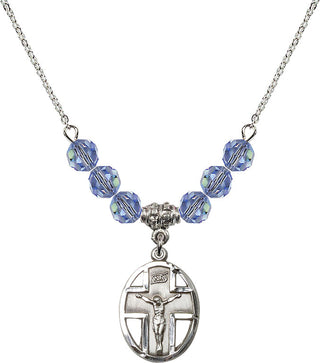 18" Rhodium Plated Necklace with 4mm Light Sapphire Crystal Beads featuring a Sterling Silver Crucifix Medal.
