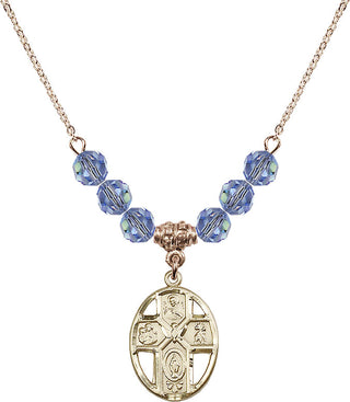 18" Hamilton Gold Plated Necklace with 4mm Light Sapphire Crystal Beads featuring a 14kt Gold Filled 5-Way / Holy Spirit Medal.