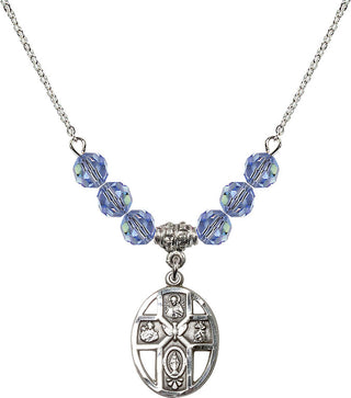 18" Rhodium Plated Necklace with 4mm Light Sapphire Crystal Beads featuring a Sterling Silver 5-Way / Holy Spirit Medal.