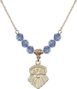 18" Hamilton Gold Plated Necklace with 4mm Light Sapphire Crystal Beads featuring a 14kt Gold Filled Seven Gifts Medal.