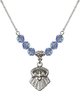 18" Rhodium Plated Necklace with 4mm Light Sapphire Crystal Beads featuring a Sterling Silver Seven Gifts Medal.