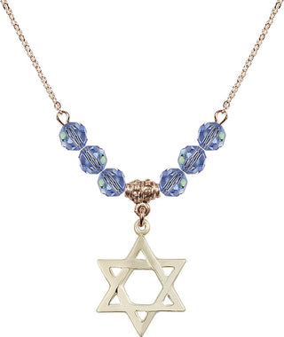 18" Hamilton Gold Plated Necklace with 4mm Light Sapphire Crystal Beads featuring a 14kt Gold Filled Star of David Medal.