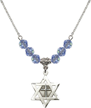 18" Rhodium Plated Necklace with 4mm Light Sapphire Crystal Beads featuring a Sterling Silver Star of David with Cross Medal.