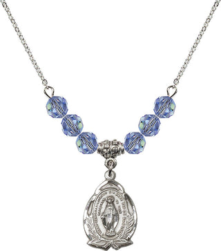 18" Rhodium Plated Necklace with 4mm Light Sapphire Crystal Beads featuring a Sterling Silver Miraculous Medal.