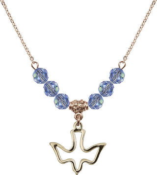 18" Hamilton Gold Plated Necklace with 4mm Light Sapphire Crystal Beads featuring a 14kt Gold Filled Holy Spirit Medal.