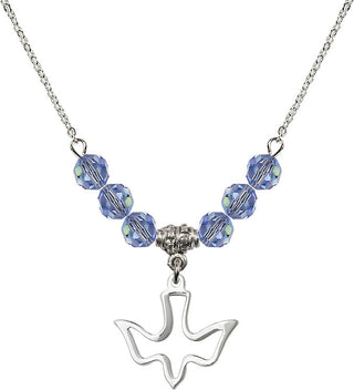 18" Rhodium Plated Necklace with 4mm Light Sapphire Crystal Beads featuring a Sterling Silver Holy Spirit Medal.