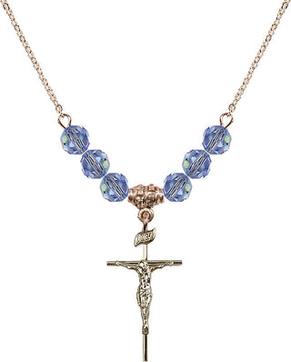 18" Hamilton Gold Plated Necklace with 4mm Light Sapphire Crystal Beads featuring a 14kt Gold Filled Crucifix Medal.