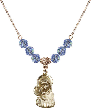 18" Hamilton Gold Plated Necklace with 4mm Light Sapphire Crystal Beads featuring a 14kt Gold Filled Madonna & Child Medal.
