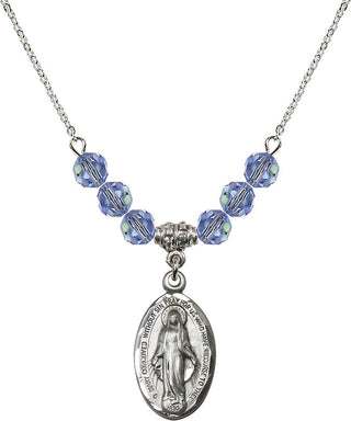 18" Rhodium Plated Necklace with 4mm Light Sapphire Crystal Beads featuring a Sterling Silver Miraculous Medal.