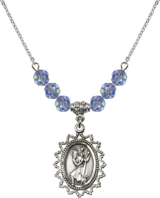 18" Rhodium Plated Necklace with 4mm Light Sapphire Crystal Beads featuring a Sterling Silver Saint Christopher Medal.