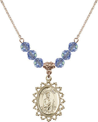 18" Hamilton Gold Plated Necklace with 4mm Light Sapphire Crystal Beads featuring a 14kt Gold Filled Saint Jude Medal.