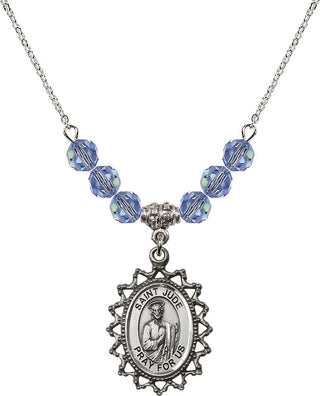 18" Rhodium Plated Necklace with 4mm Light Sapphire Crystal Beads featuring a Sterling Silver Saint Jude Medal.