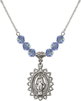 18" Rhodium Plated Necklace with 4mm Light Sapphire Crystal Beads featuring a Sterling Silver Miraculous Medal.