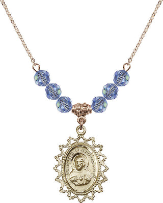 18" Hamilton Gold Plated Necklace with 4mm Light Sapphire Crystal Beads featuring a 14kt Gold Filled Scapular Medal.