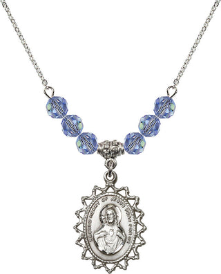 18" Rhodium Plated Necklace with 4mm Light Sapphire Crystal Beads featuring a Sterling Silver Scapular Medal.