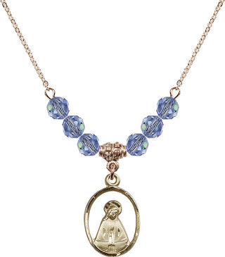 18" Hamilton Gold Plated Necklace with 4mm Light Sapphire Crystal Beads featuring a 14kt Gold Filled Madonna Medal.