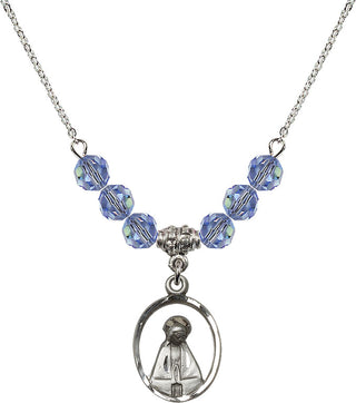 18" Rhodium Plated Necklace with 4mm Light Sapphire Crystal Beads featuring a Sterling Silver Madonna Medal.