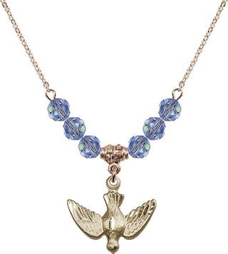 18" Hamilton Gold Plated Necklace with 4mm Light Sapphire Crystal Beads featuring a 14kt Gold Filled Holy Spirit Medal.