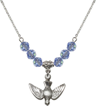 18" Rhodium Plated Necklace with 4mm Light Sapphire Crystal Beads featuring a Sterling Silver Holy Spirit Medal.