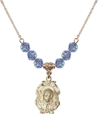 18" Hamilton Gold Plated Necklace with 4mm Light Sapphire Crystal Beads featuring a 14kt Gold Filled Madonna Medal.