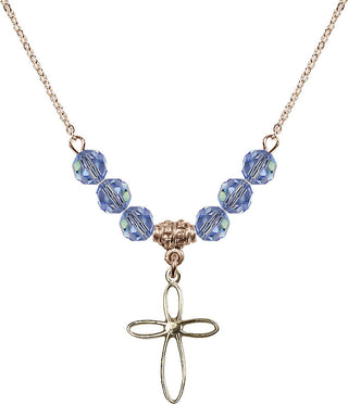 18" Hamilton Gold Plated Necklace with 4mm Light Sapphire Crystal Beads featuring a 14kt Gold Filled Loop Cross Medal.