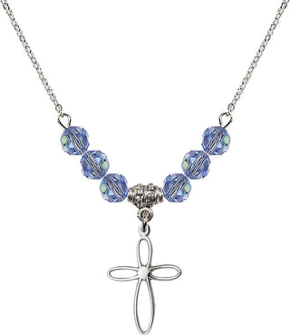 18" Rhodium Plated Necklace with 4mm Light Sapphire Crystal Beads featuring a Sterling Silver Loop Cross Medal.