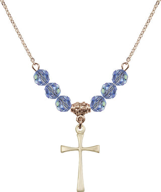 18" Hamilton Gold Plated Necklace with 4mm Light Sapphire Crystal Beads featuring a 14kt Gold Filled Maltese Cross Medal.