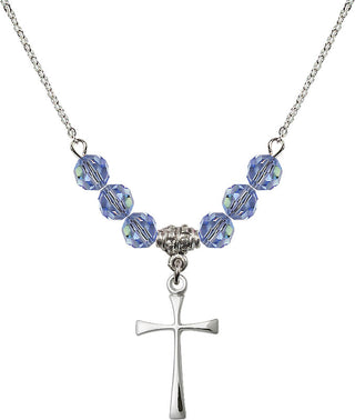 18" Rhodium Plated Necklace with 4mm Light Sapphire Crystal Beads featuring a Sterling Silver Maltese Cross Medal.