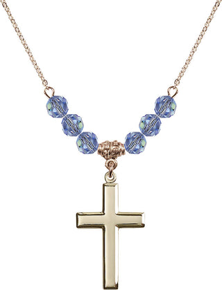 18" Hamilton Gold Plated Necklace with 4mm Light Sapphire Crystal Beads featuring a 14kt Gold Filled Cross Medal.