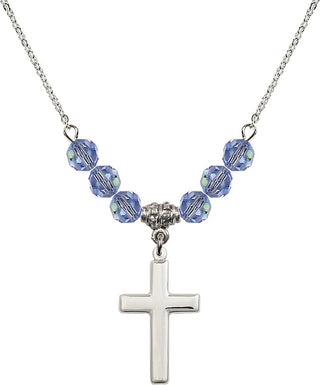 18" Rhodium Plated Necklace with 4mm Light Sapphire Crystal Beads featuring a Sterling Silver Cross Medal.