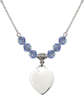 18" Rhodium Plated Necklace with 4mm Light Sapphire Crystal Beads featuring a Sterling Silver Heart Medal. Engraved Catholic Saint Jewelry