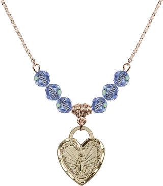 18" Hamilton Gold Plated Necklace with 4mm Light Sapphire Crystal Beads featuring a 14kt Gold Filled Miraculous Heart Medal. Engraved Catholic Saint Jewelry