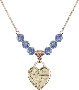 18" Hamilton Gold Plated Necklace with 4mm Light Sapphire Crystal Beads featuring a 14kt Gold Filled Guardian Angel Heart Medal. Engraved Catholic Saint Jewelry