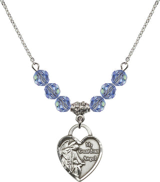 18" Rhodium Plated Necklace with 4mm Light Sapphire Crystal Beads featuring a Sterling Silver Guardian Angel Heart Medal. Engraved Catholic Saint Jewelry