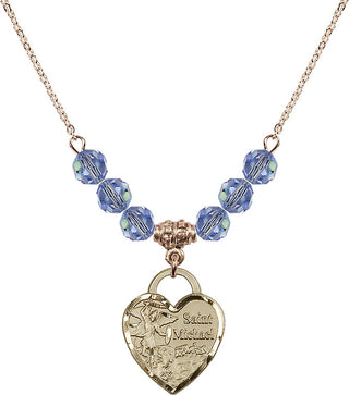 18" Hamilton Gold Plated Necklace with 4mm Light Sapphire Crystal Beads featuring a 14kt Gold Filled Saint Michael the Archangel Medal. Engraved Catholic Saint Jewelry