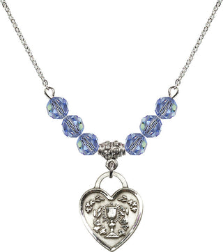 18" Rhodium Plated Necklace with 4mm Light Sapphire Crystal Beads featuring a Sterling Silver Communion Heart Medal. Engraved Catholic Saint Jewelry
