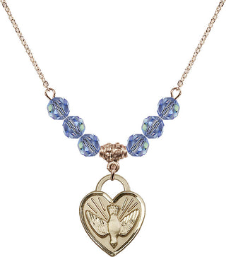 18" Hamilton Gold Plated Necklace with 4mm Light Sapphire Crystal Beads featuring a 14kt Gold Filled Confirmation Heart Medal. Engraved Catholic Saint Jewelry