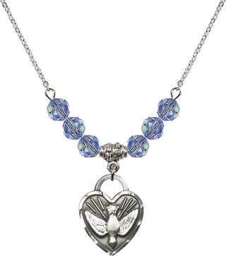 18" Rhodium Plated Necklace with 4mm Light Sapphire Crystal Beads featuring a Sterling Silver Confirmation Heart Medal. Engraved Catholic Saint Jewelry