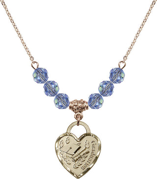 18" Hamilton Gold Plated Necklace with 4mm Light Sapphire Crystal Beads featuring a 14kt Gold Filled Graduation Heart Medal. Engraved Catholic Saint Jewelry